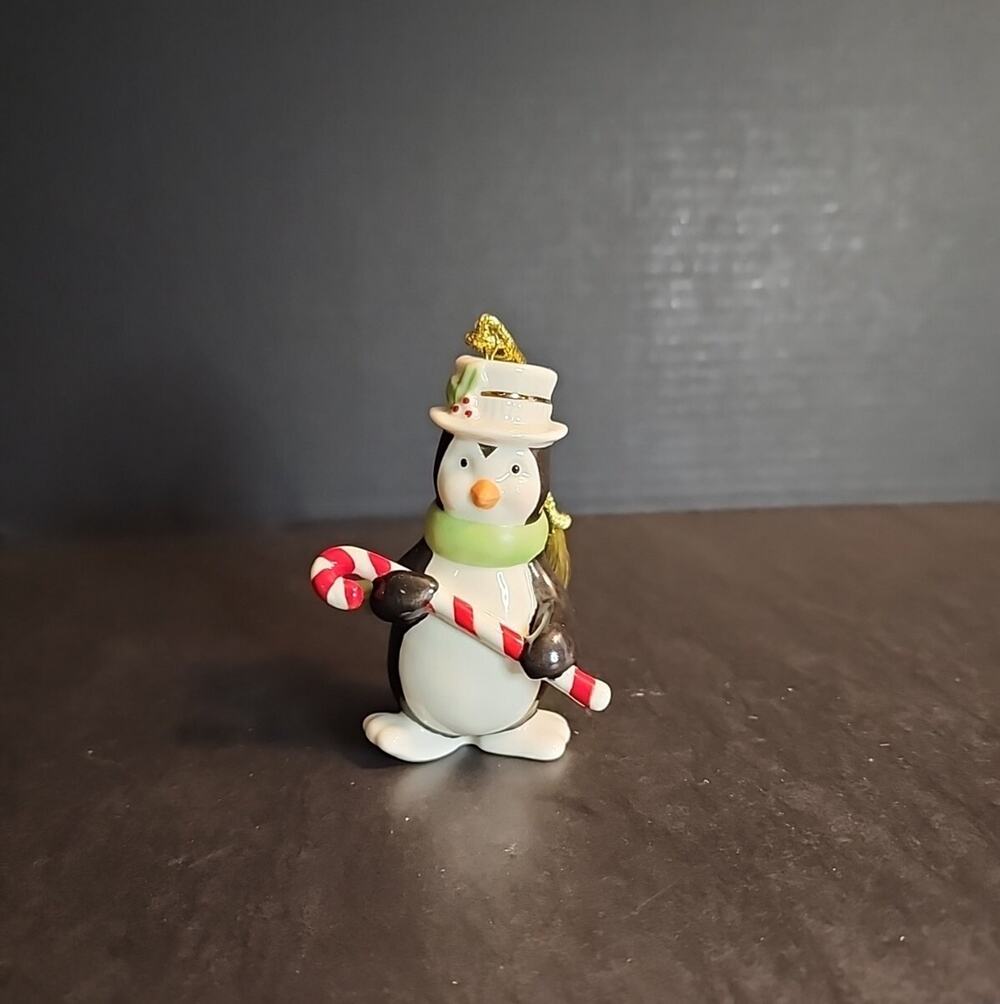 Lenox Very Merry Porcelain Christmas Ornament, Penguin With Candy Cane 3.5"